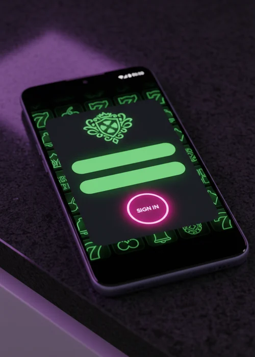 Eine Hand hält ein Smartphone mit der Helspin Casino Login-Seite, auf der E-Mail-Adresse und Passwort eingegeben werden können.